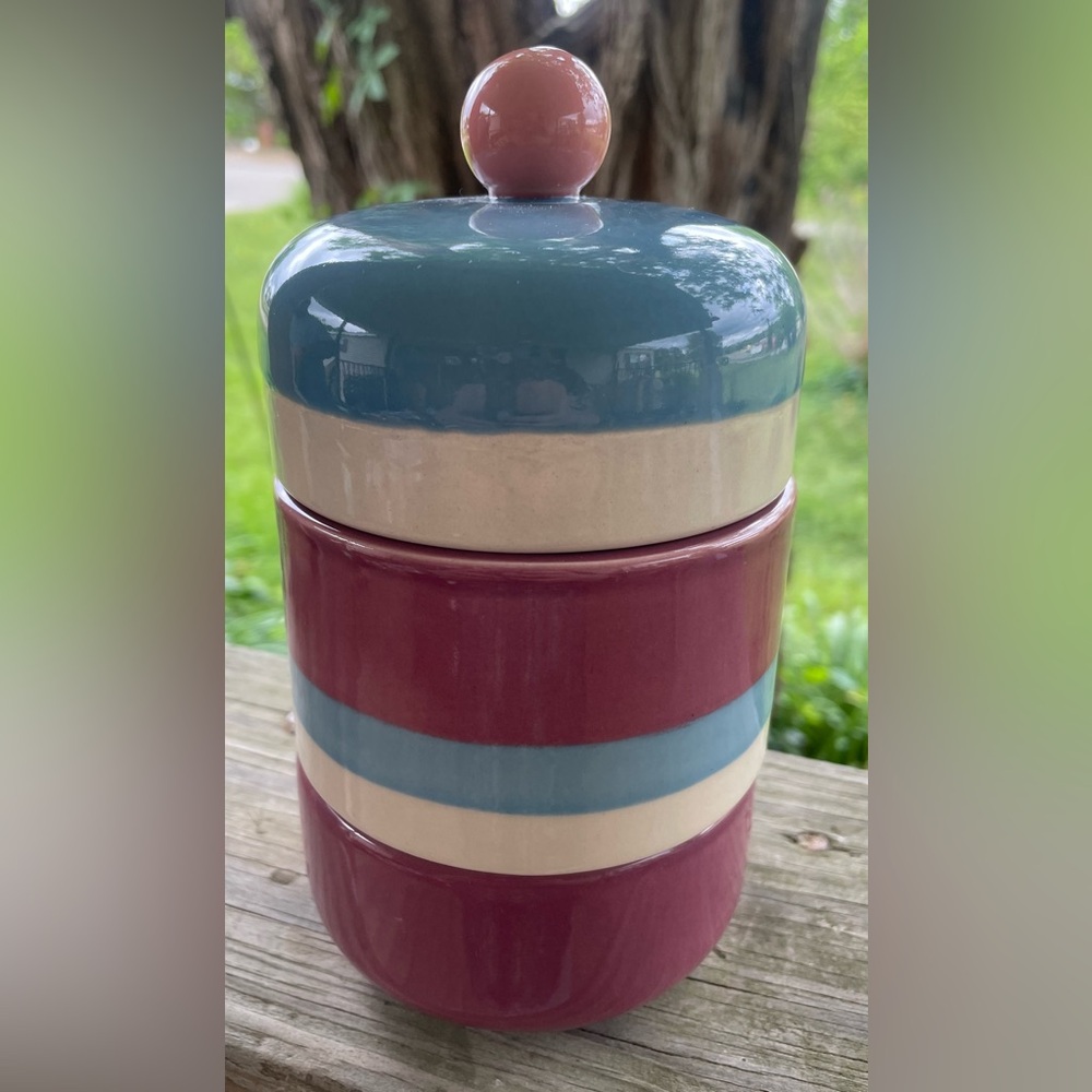 Striped Ceramic Tiered Canister Jar in Rose, Teal, and Cream ~ New